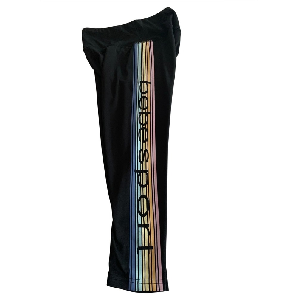 Bebe Sport Rainbow‎ Stripe Black Leggings Medium M Retro Y2K Aesthetic Pilates
